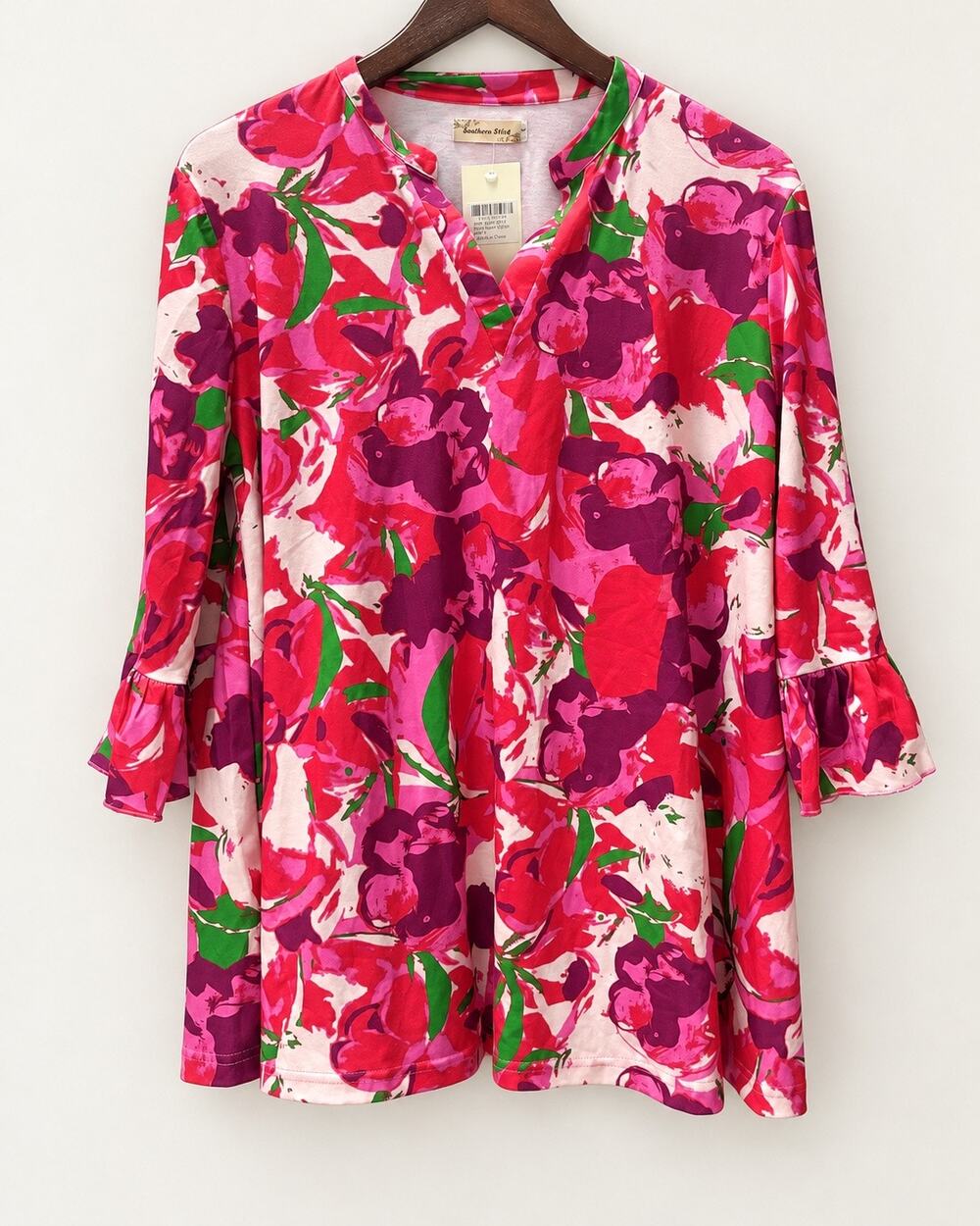 Southern Stitch Womens L Pink Floral Bell Sleeve Tunic Top Boho Boutique NWT
